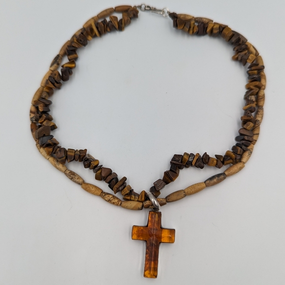 Amber Cross Sterling Silver On Tiger's Eye Chips & Jasper Bead Necklace Vintage - Picture 8 of 15